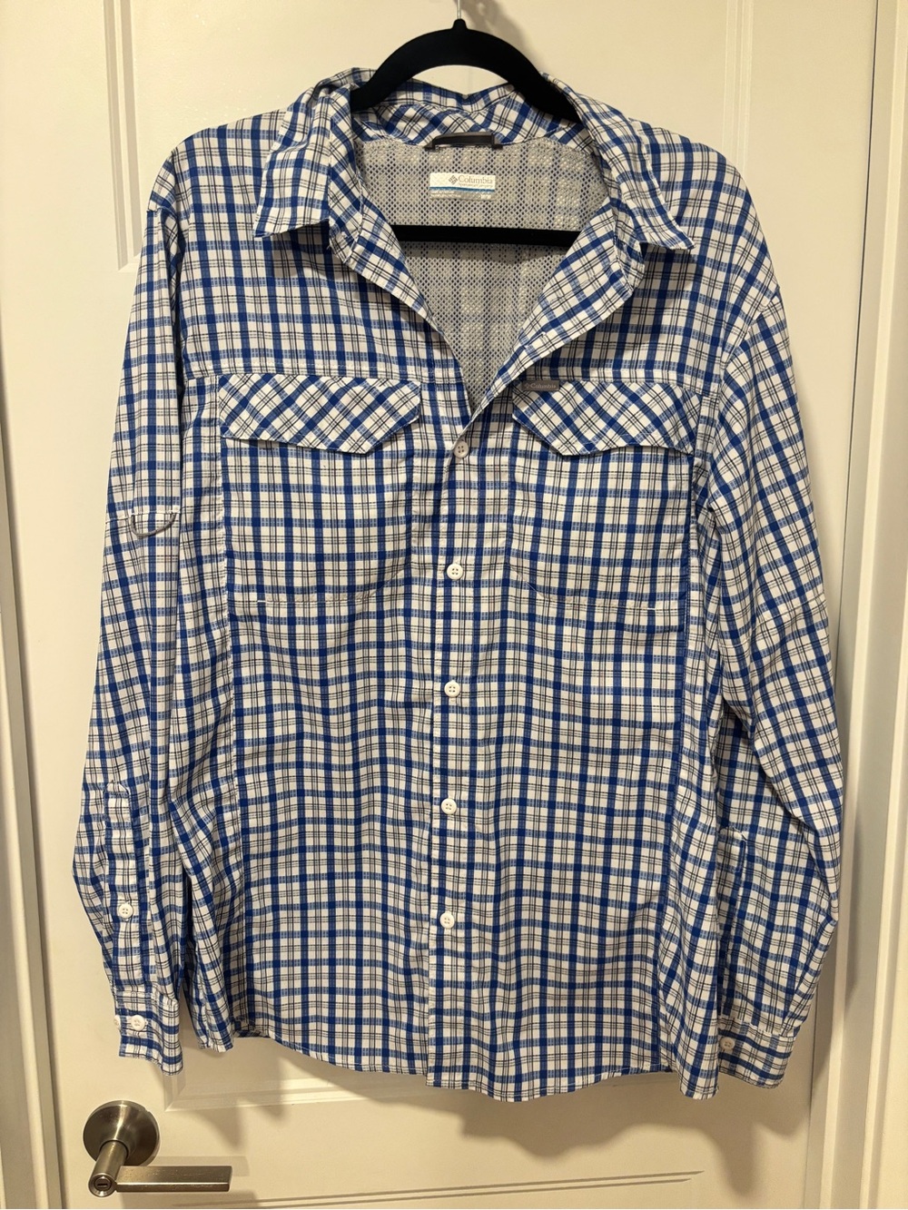 Columbia Blue and White Plaid Long-Sleeve Button-Down Shirt